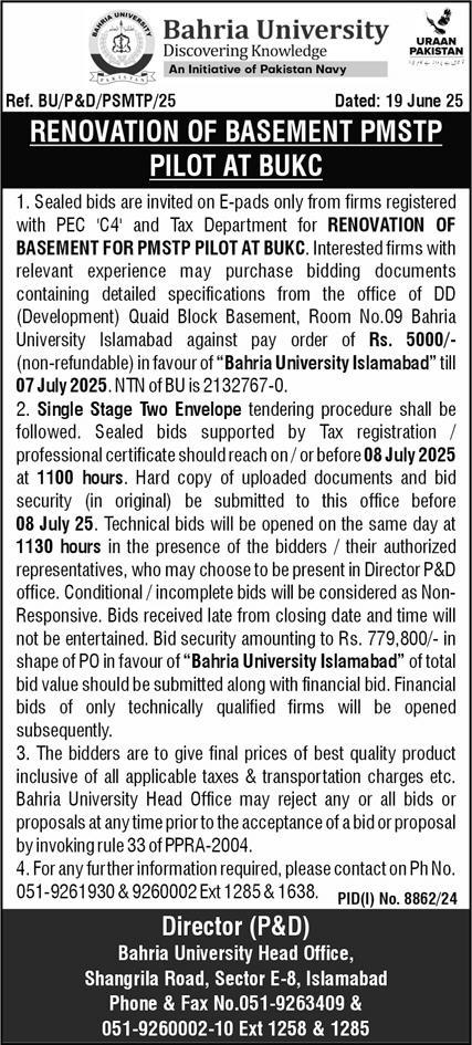 Bahria University Islamabad Tender Notice